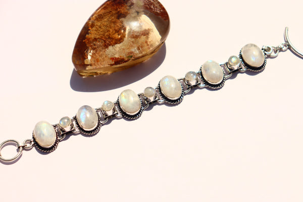 Natural Moonstone gemstone silver bracelet | Glossy stone band | Gift for her.