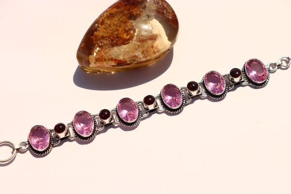 Natural Garnet and Pink Kunzite gemstone silver bracelet | Glossy stone band | Gift for her.