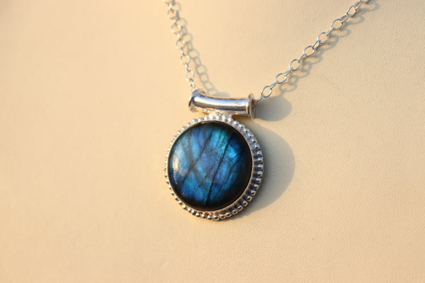 Round Blue Fire Labradorite gemstone pendant | Silver pendant | 22 inch chain included.