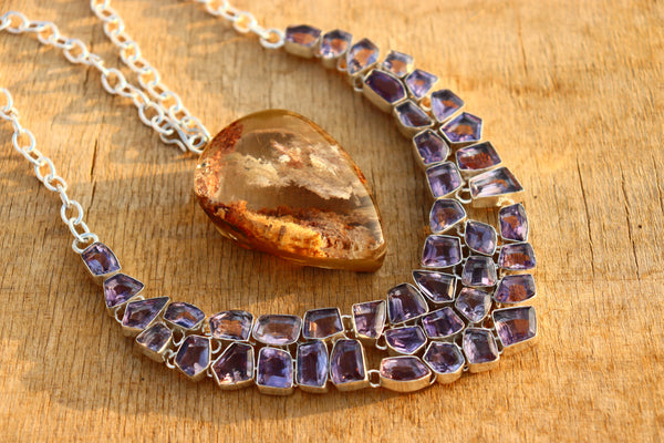 Natural Amethyst Handmade Silver necklace. Choker cut cut stone necklace.