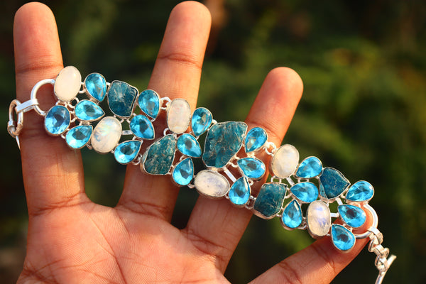 Natura Raw Apatite and Moonstone gemstone silver bracelet | Glossy stone band | Gift for her.