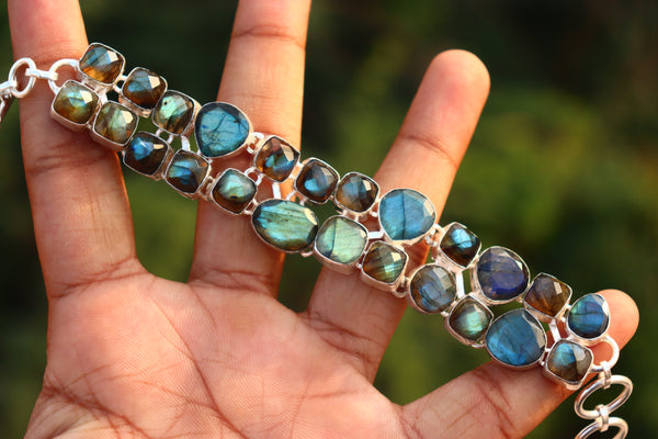 Copy of Natura Raw Apatite and Moonstone gemstone silver bracelet | Glossy stone band | Gift for her.