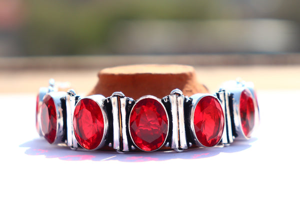 Vintage Garnet gemstone silver bracelet | Glossy stone band | Gift for her.