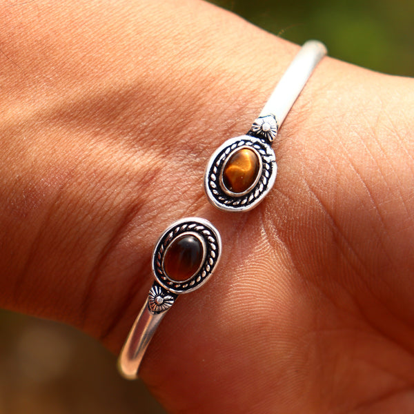 Natural Tiger Eye gemstone silver Bangle | Glossy stone band | Gift for her.