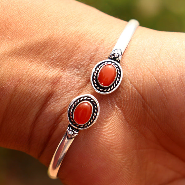 Natural Red Onyx gemstone silver Bangle | Glossy stone band | Gift for her.