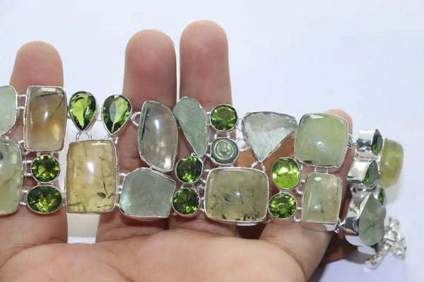 Green Amethyst and Peridot stone handmade silver plated bracelet